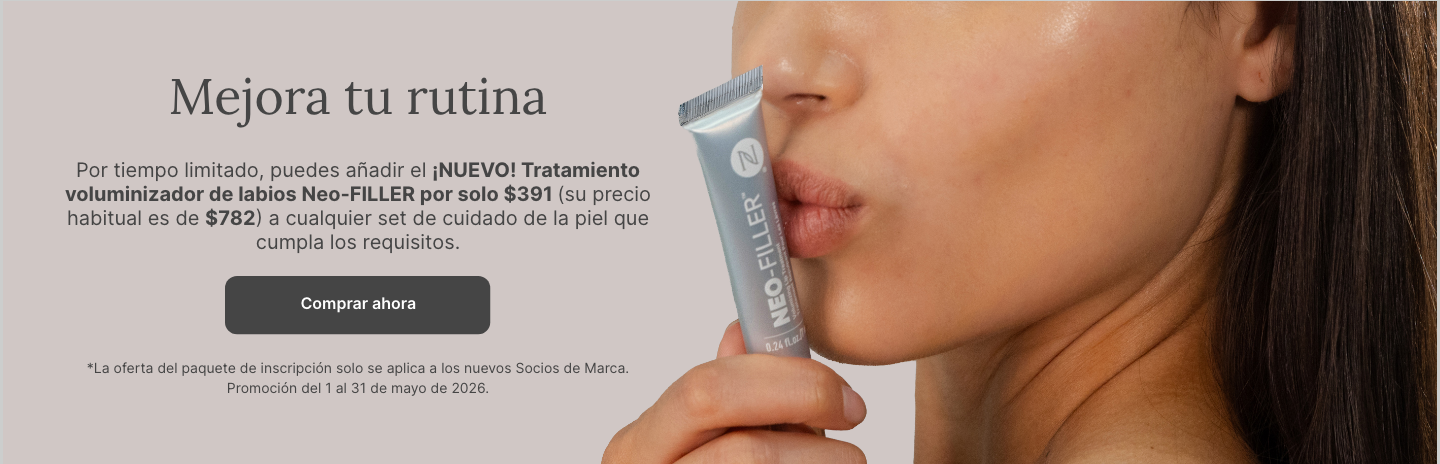 50% OFF Neo-FILLER Volumizing Lip Treatment with any Neo-FILLER or Neo-FILLER Set purchase. Featured is a woman kissing a tube of Neo-FILLER Volumizing Lip Treatment.